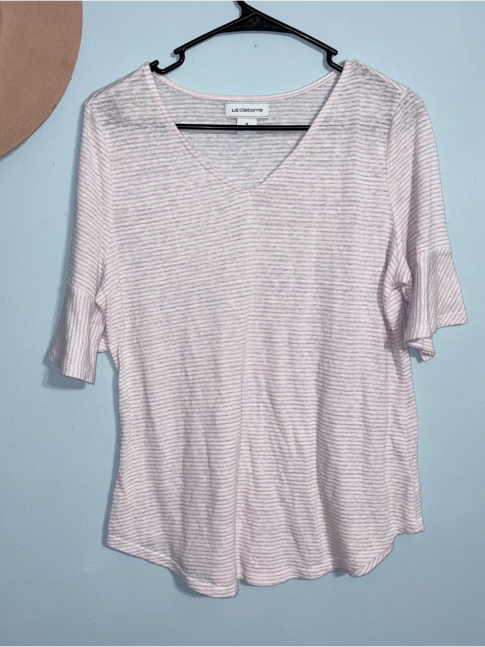 Medium Liz Claiborne linen blend Pink Stripe V-Neck Women's summer Top